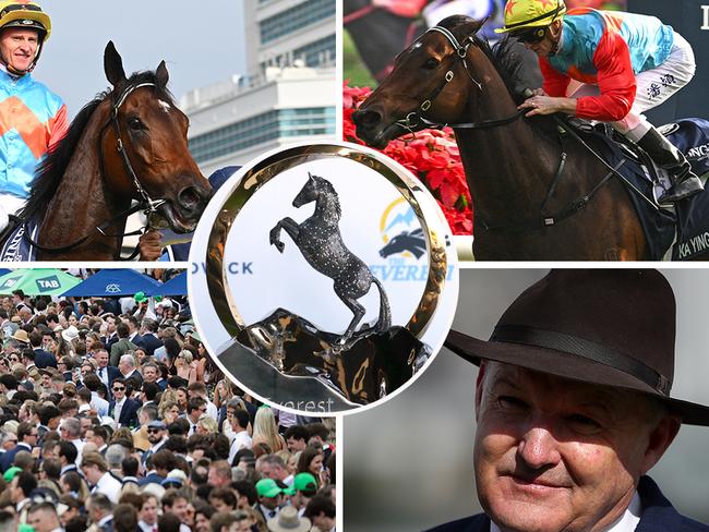 Trainer David Hayes (bottom right) has put The Everest slot negotiations on hold for Hong Kong's star sprinter Ka Ying Rising (top left, top right). Below left: Crowds pack in for 2024 The Everest Day at Royal Randwick. Pictures: File