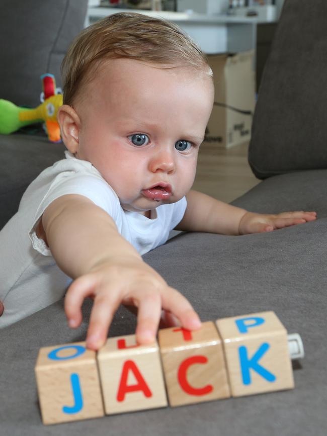 Seven-month-old Jack Campbell Robertson playing at his Varsity Lakes home. Picture: Mike Batterham