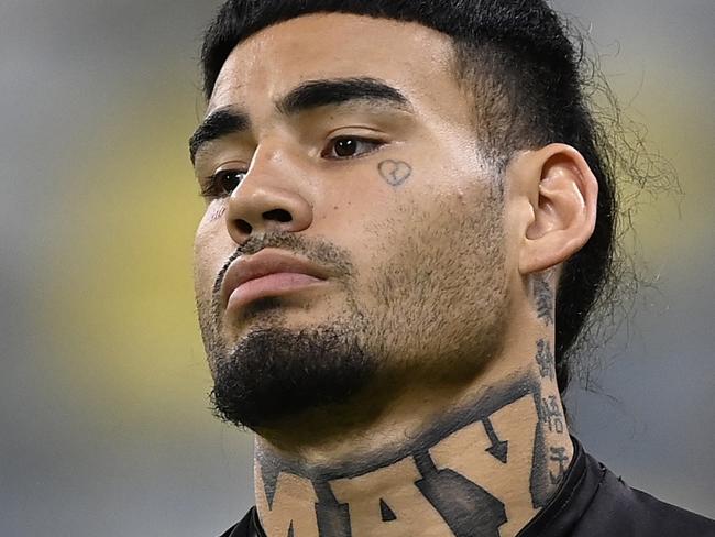 TOWNSVILLE, AUSTRALIA - APRIL 27: Taylan May of the Panthers looks on before the start of the round eight NRL match between North Queensland Cowboys and Penrith Panthers at Qld Country Bank Stadium, on April 27, 2024, in Townsville, Australia. (Photo by Ian Hitchcock/Getty Images)