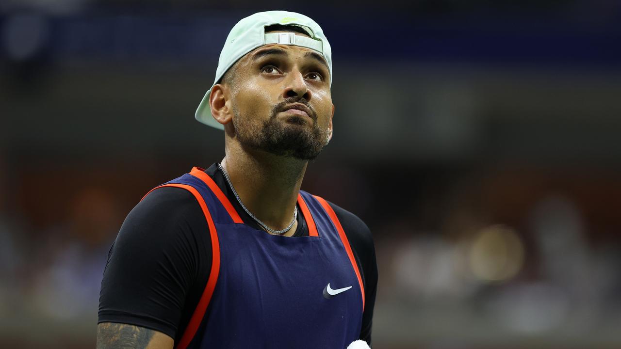 NEW YORK, NEW YORK - SEPTEMBER 04: Nick Kyrgios of Australia celebrates against Daniil Medvedev during their Men's Singles Fourth Round match on Day Seven of the 2022 US Open at USTA Billie Jean King National Tennis Center on September 04, 2022 in the Flushing neighbourhood of the Queens borough of New York City. (Photo by Mike Stobe/Getty Images)