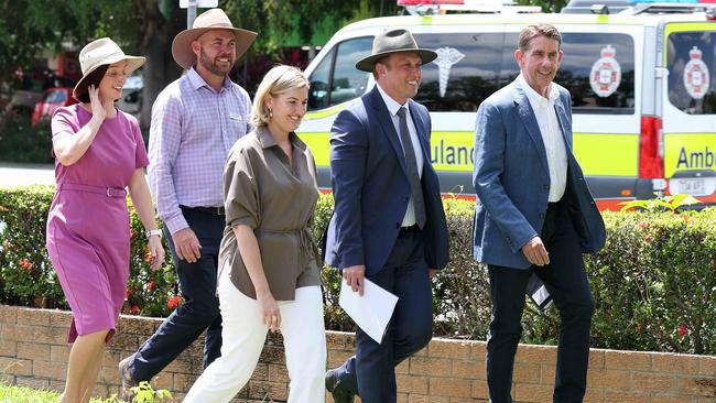 Premier Steven Miles (second from right) with ministers and MPs in Rockhampton on Wednesday. Picture: Adam Head