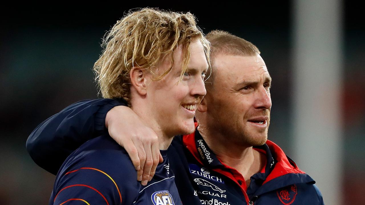 Clayton Oliver and Simon Goodwin. (Photo by Dylan Burns/AFL Photos via Getty Images)