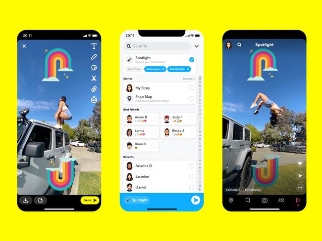 Snapchat on November 23, 2020 unveiled a new curated short-form video feed in a stepped up challenge to social media rivals like TikTok. The new format called Spotlight will allow Snapchatters to see content from influencers and other members of the network popular with young smartphone users. (Photo by Handout / Snap Inc. / AFP)