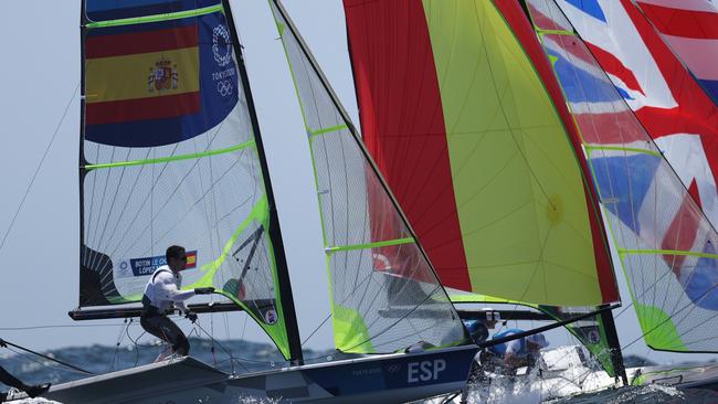 It was close – and fast – racing in the 49er fleet. at Enoshima Yacht Harbour.