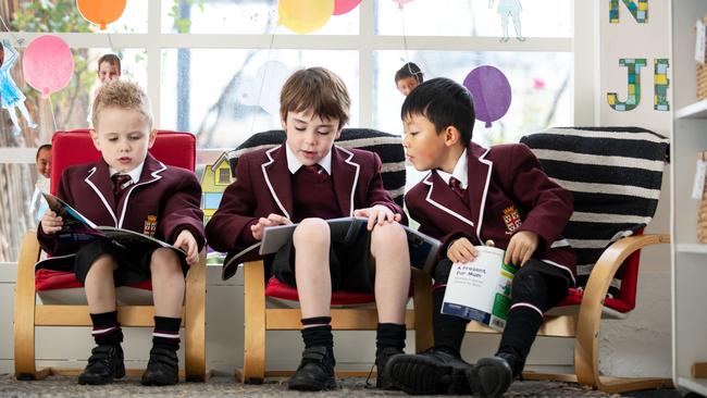 Prince Alfred College youngsters Carter, Freddie and Louis are at their beginning of a journey aimed at maximising the school success of boys. Picture James Knowler/JKTP