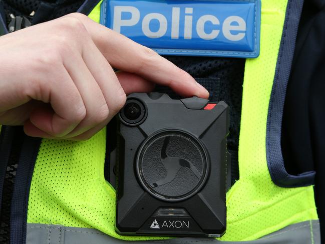 Geelong Police with the new body cameras. Picture: Alison Wynd