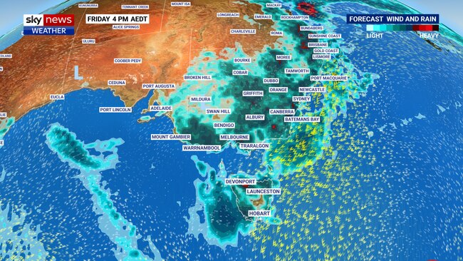 The rainfall will bring showers and possible storms nearly all of Australia’s east coast. Picture: Sky News.