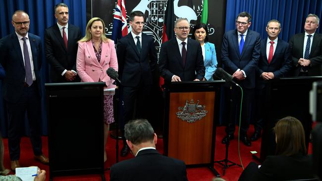 ACT Chief Minister Andrew Barr, left, SA Premier Peter Malinauskas, Queensland Premier Annastacia Palaszczuk, NSW Premier Chris Minns, Anthony Albanese, NT Chief Minister Natasha Fyles, then Victorian premier Daniel Andrews, WA Premier Roger Cook and Tasmanian Premier Jeremy Rockliff at a national cabinet meeting in August. Picture: Dan Peled