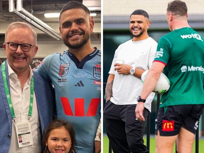 Latrell Mitchell with Anthony Albanese and back at Souths training. Photos: Instagram/X