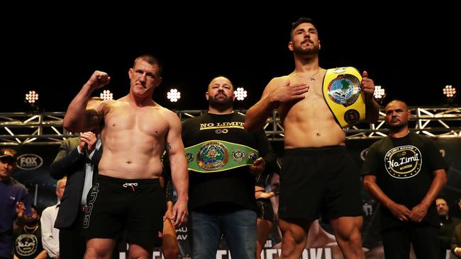 Paul Gallen faces off with Kris Terzievski during their weigh-in. (Photo by Peter Lorimer/Getty Images)