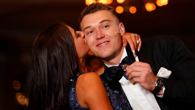 Patrick Cripps of the Blues is seen with partner Monique Fontana. Photo by Michael Willson/AFL Photos via Getty Images