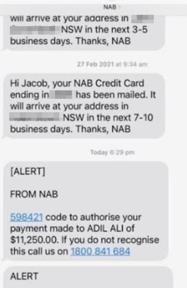 The scam text appeared to be from NAB. Picture: Supplied