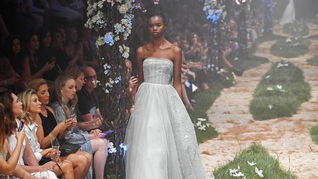 Finesse model Akiima walks the runway at the Paolo Sebastian show during 2017 Adelaide Fashion Week at Torrens Parade Ground. Picture: Tom Huntley