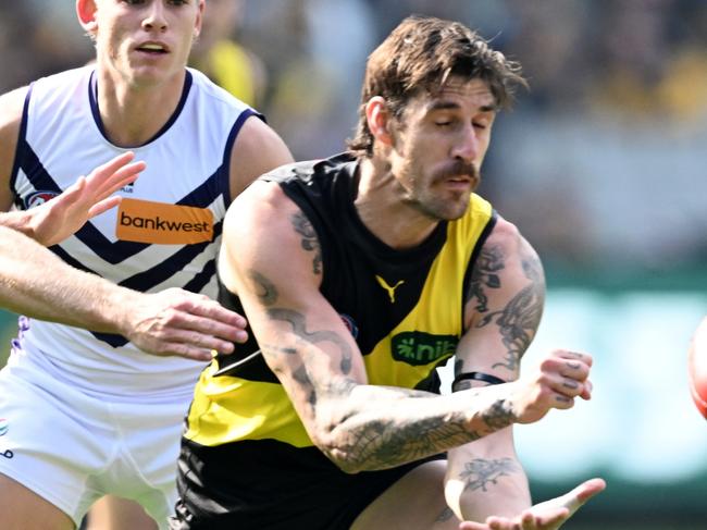 MELBOURNE, AUSTRALIA - MAY 05: Sam Naismith of the Tigers handballs during the round eight AFL match between Richmond Tigers and Fremantle Dockers at Melbourne Cricket Ground, on May 05, 2024, in Melbourne, Australia. (Photo by Daniel Pockett/Getty Images)