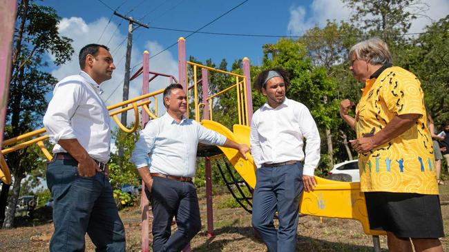 Gurmesh Singh the then National Party candidate for Coffs Harbour and John Barilaro, Deputy Premier of New South Wales with Nathan Brennan CEO Coffs Harbour &amp; District LALC, and Aunty Jenny Skinner discuss the playground funding in February. Picture: TREVOR VEALE