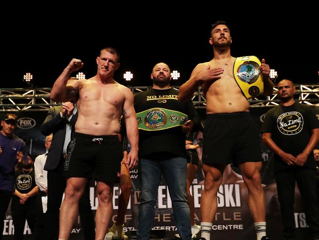 NEWCASTLE, AUSTRALIA - MAY 10: Paul Gallen faces off with opponent Kris Terzievski during the King of the Castle Official Weigh-In at Civic Theatre on May 10, 2022, in Newcastle, Australia. (Photo by Peter Lorimer/Getty Images)