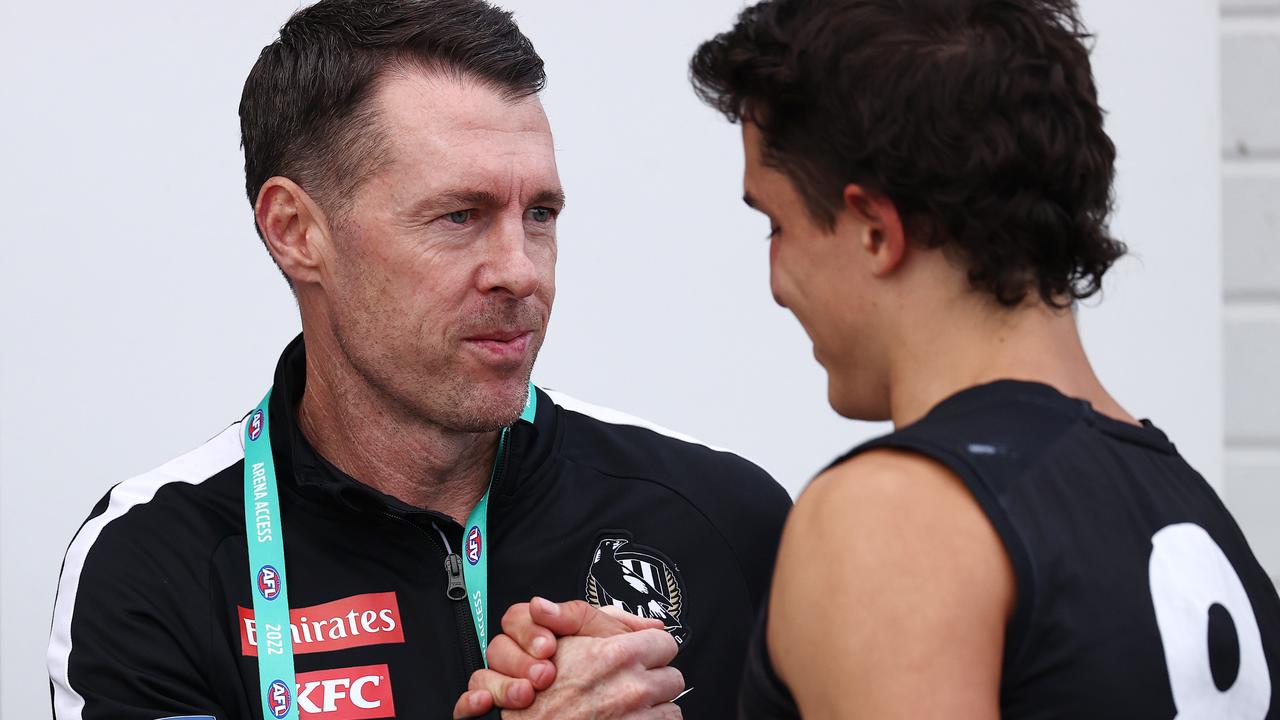 Collingwood coach Craig Macrae with Trent Bianco after the win over Hawthorn. Picture: Michael Klein