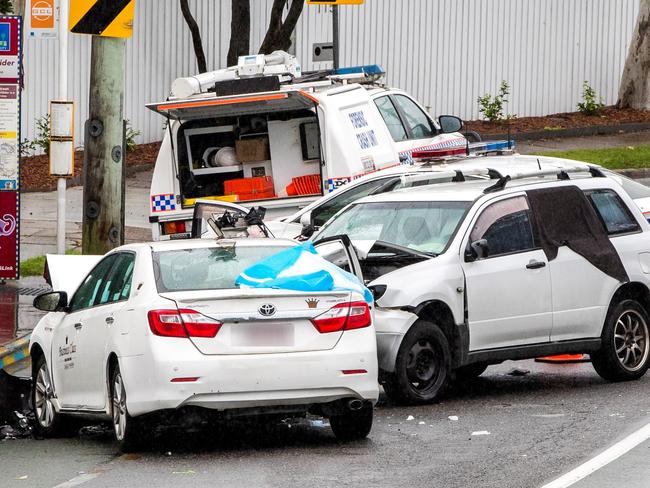 Collision between two cars on Jubliee Terrace, Bardon, Friday, May 6, 2022 - Picture: Richard Walker