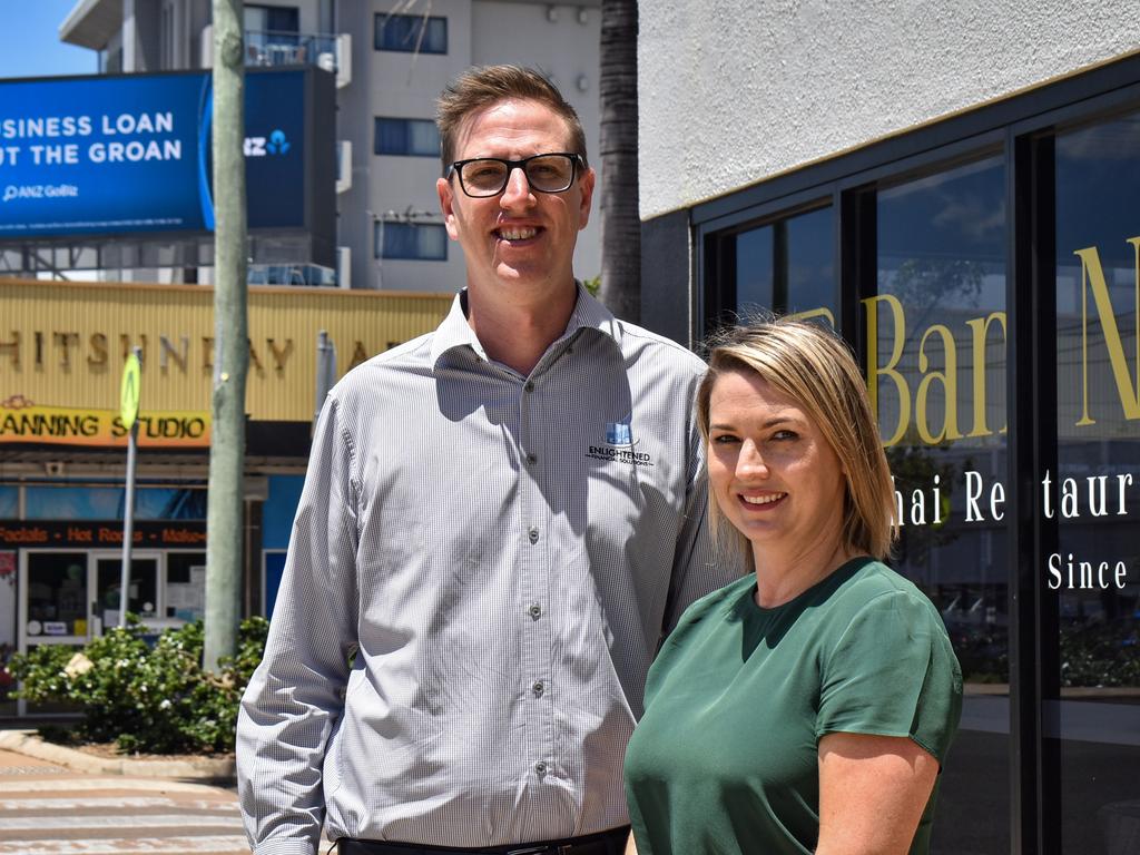 Mackay Chamber of Commerce committee members Scott Jamieson and Vicki Smith in front of Ban-Na Thai Restaurant’s new premises on the corner of Victoria St and Macalister St, formerly the Whitsunday Hotel, in the CBD. Mr Jamieson said this was a prime example of positive transformation happening in the city. Picture: Lillian Watkins.