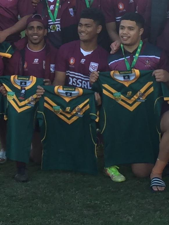 Gabriel Satrick, Karl Oloapu and Chriss Faagutu with their Australian schoolboy jerseys.