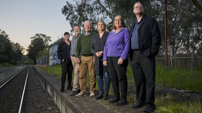 Cr Pauline Gill, Cr Andrew Stratford, SA Transport Action Group Chair John Hill, Hills local Wendy Creaser, Cr Linda Green and Cr Leith Mudge at Balhannah Station which locals want retained as park’n’ride. Picture: Matt Loxton