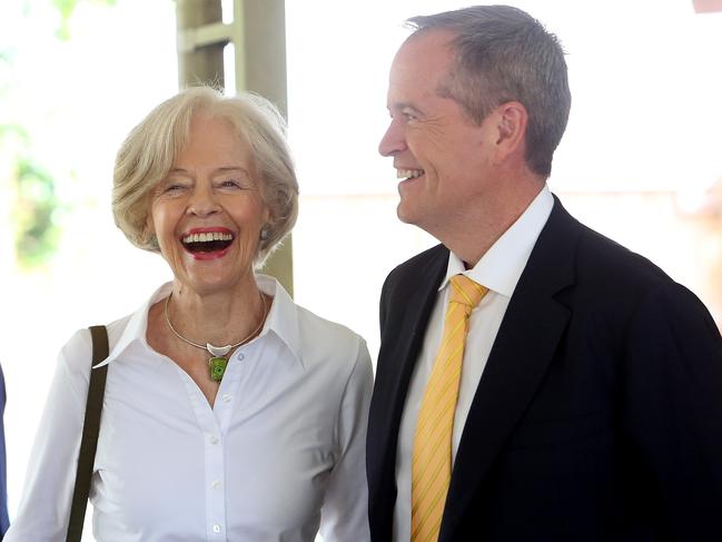 Opposition Leader Bill Shorten, right, with his mother-in-law former Governor-general Quentin Bryce on Easter Sunday. Picture Kym Smith