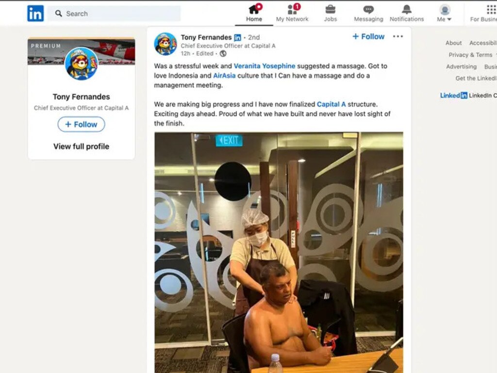 “Got to love Indonesia and AirAsia culture that I can have a massage and do a management meeting”, wrote Tony Fernandes in a now-deleted photo. Pictures: LinkedIn