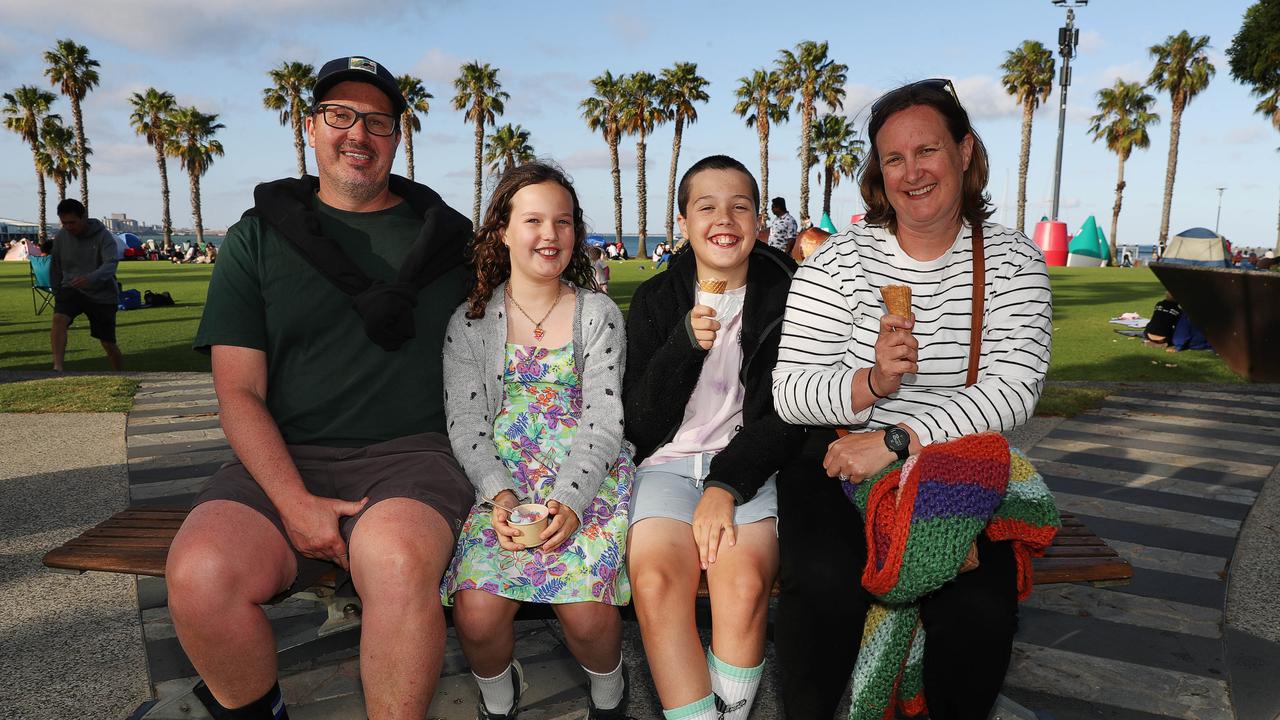 Josh, Nora, Ewan and Megan Williams. Locals and visitors arrived early to get a good spot for the Geelong New Years Eve celebrations. Picture: Alan Barber