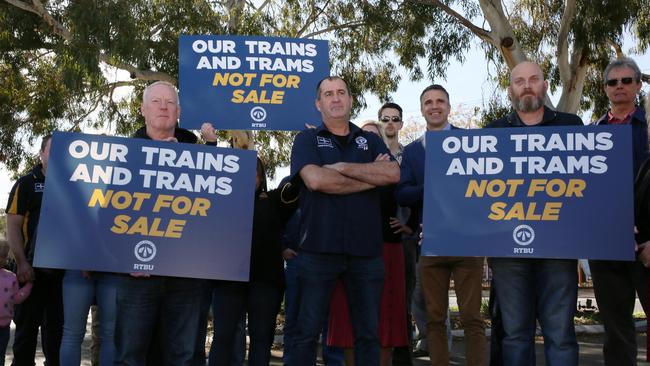 Rail and tram drivers at the campaign launch on Sunday at Cumberland Park Community Centre, Goodwood. Picture: AAP/Emma Brasier