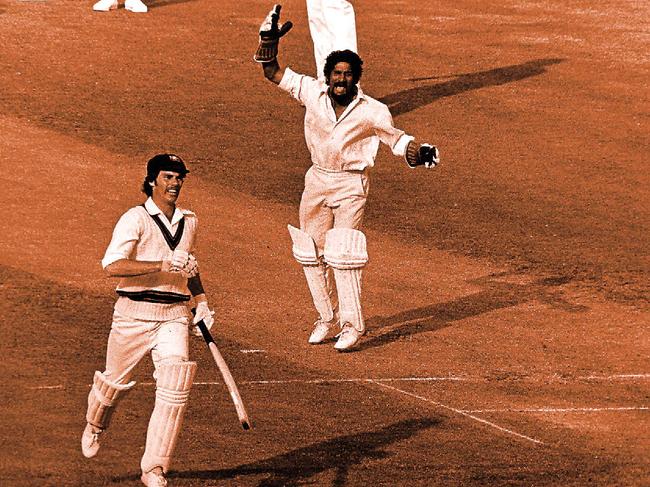 West Indies wicketkeeper Deryck Murray jumps for joy as Australia's Greg Chappell is run out for 15, during the final of the 1975 World Cup at Lord’s.