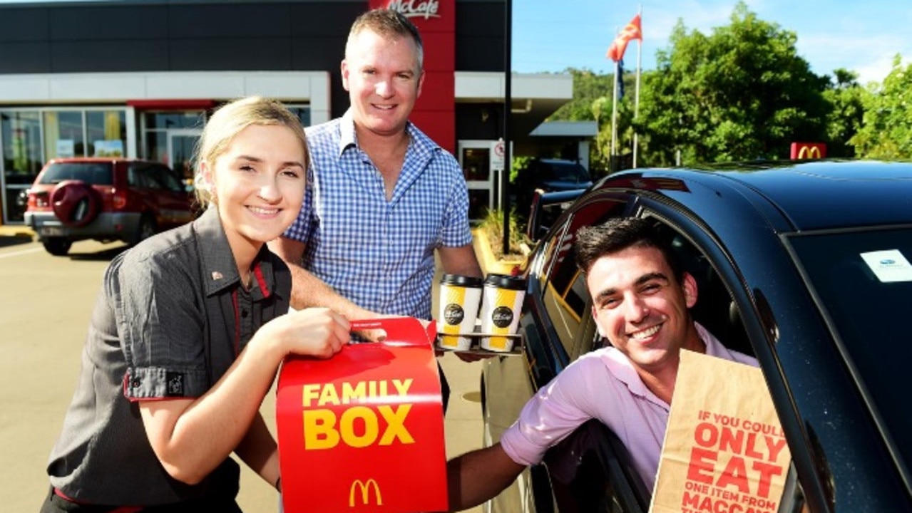 Paul Rissman, the owner and operator of McDonald’s franchises, with McDonald’s Thuringowa manager Grace Mennie and McDonald’s supervisor Brendan Partwright. Picture: Supplied