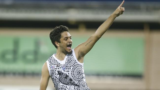 Ian Milera celebrates a goal for Palmerston in the NTFL. Picture: Glenn Campbell