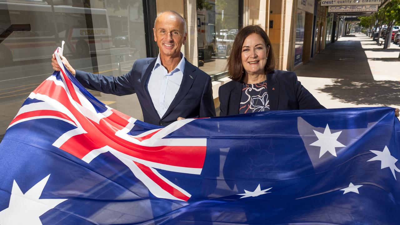 Mayor Stretch Kontelj and Senator Sarah Henderson want to see flag poles filled with the Australian flag. Picture: Supplied.