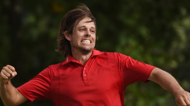 Aaron Baddeley reacts after winning the Barbasol Championship golf tournament.
