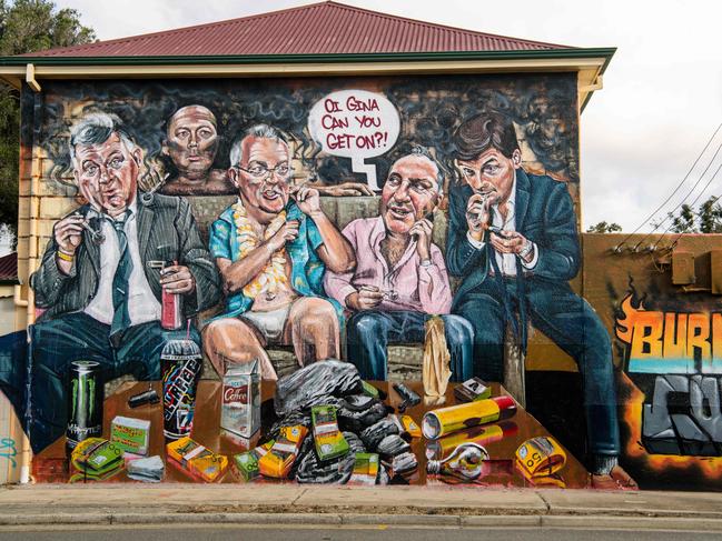 A mural in Port Adelaide of the prime minister smoking coal out of a crack pipe in Adelaide, Wednesday, September 23, 2020. (The Advertiser/ Morgan Sette)