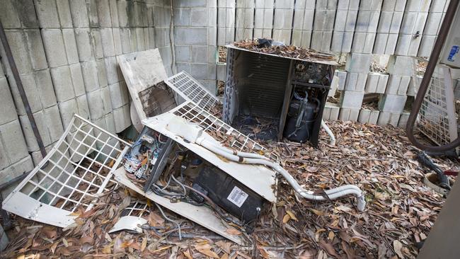 A decimated air-conditioning plant which controlled the air conditioning to villas at the Coolum Resort. Picture: Lachie Millard