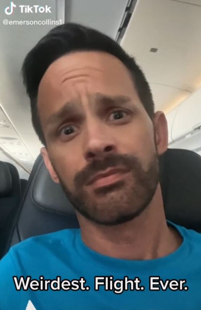 US actor Emerson Collins recorded the awkward moment bizarre noises were heard coming from intercom system on-board his American Airlines flight from LA to Dallas. Picture: TikTok/emersoncollins1