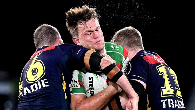 BRISBANE, AUSTRALIA - MAY 06: Liam Knight of the Rabbitohs takes on the defence during the round 10 NRL match between Melbourne Storm and South Sydney Rabbitohs at Suncorp Stadium on May 06, 2023 in Brisbane, Australia. (Photo by Bradley Kanaris/Getty Images)