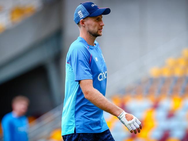 England's captain Joe Root takes part in a training session at the Gabba in Brisbane on December 5, 2021, ahead of the opening Ashes Test cricket match against Australia. (Photo by Patrick HAMILTON / AFP) / -- IMAGE RESTRICTED TO EDITORIAL USE - STRICTLY NO COMMERCIAL USE --