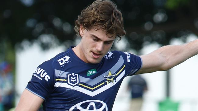 Cowboys' Tom Duffy kicks a conversion in the NRL pre season match between the North Queensland Cowboys and the Redcliffe Dolphins at Barlow Park Picture: Brendan Radke