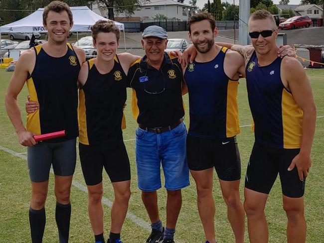 L-R Mitchell Branch, Brandon Clark, coach Ray Quarrell, Luke Whitney and Jack Howe won the 4x200m Stable Relay.