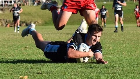 Josh Moffitt scoring a try for Terrigal against Kincumber Colts during the season. Photo: Jodie Ward.