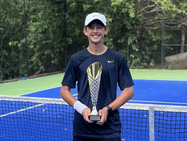 Mackay Tennis Club's Josh Wilson pictured with the Anne Huddlestone Sportsmanship Award for the 2023 Rod Laver Nationals. Picture: Supplied.