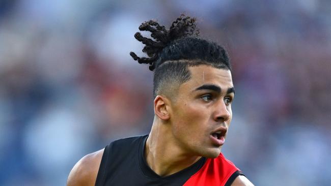 Essendon’s Isaac Kako lit up a pre-season fixture against the Cats at Kardinia Park last month. Picture: Quinn Rooney/Getty Images.