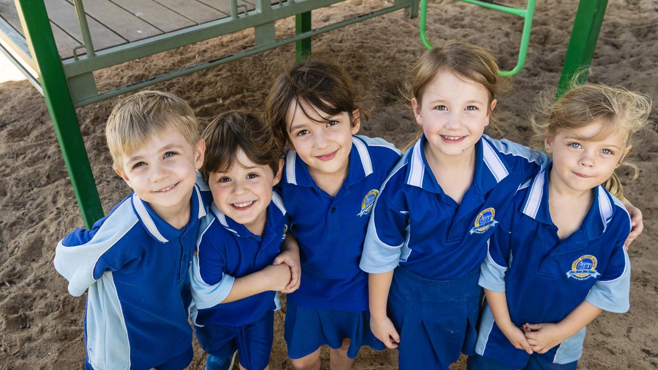 My First Year 2022: Emu Creek State School Prep students (from left) Finley, Hudson, Lillyth, Arly and Bobbie. Absent is Luke, Tuesday, March 1, 2022. Picture: Kevin Farmer