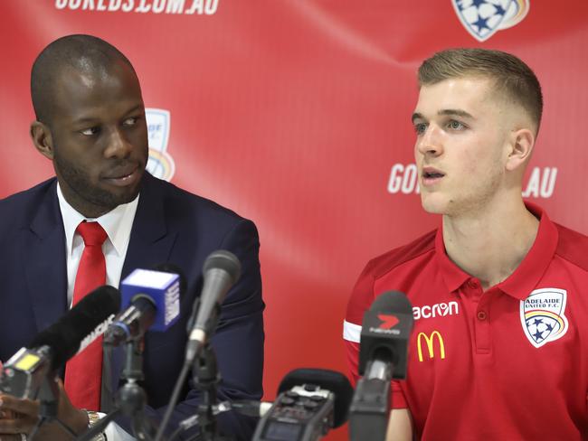 Adelaide United's new signing, former Reds player, Riley McGree, signed up by Bruce Djite, pictured at press conference at Elizabeth. 5 July 2019. Picture Dean Martin