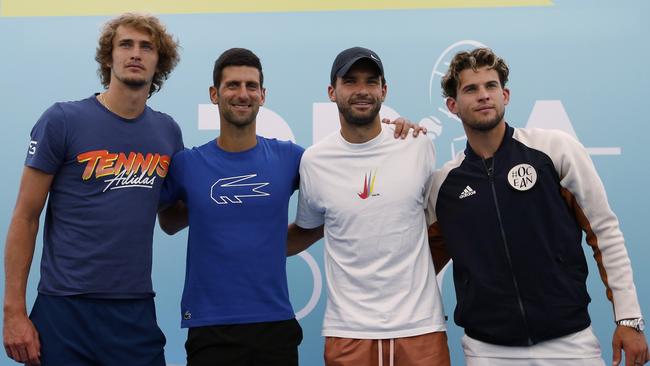 No social distancing here … (from left) Alexander Zverev, Novak Djokovic, Grigor Dimitrov and Dominic Thiem post ahead of the disastrous Adria Tour in Belgrade, Serbia. Picture: AP