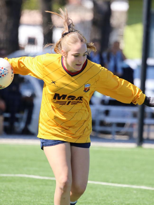 Maribyrnong goal keeper Shaylee Lane during the Bill Turner School Football National semi-finals. Picture: Lloyd Turner - Bill Turner School Football