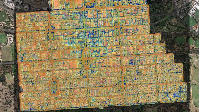 The unmistakeable shape of Adelaide CBD. The cooler blue areas in the north are where there’s more shadowing from larger buildings. Picture: Australian Photovoltaic Institute, SunSpot