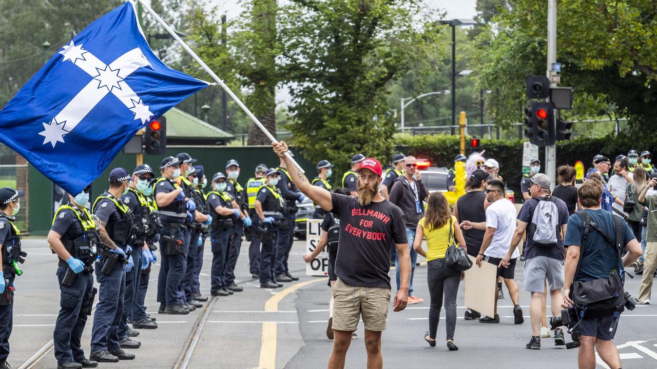 A heavy police presence at the anti-vaccination protest in Victoria on Saturday. Picture: Jake Nowakowski